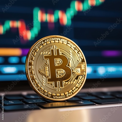 Cryptocurrency, closeup of BTC coin on blurred trading chart background