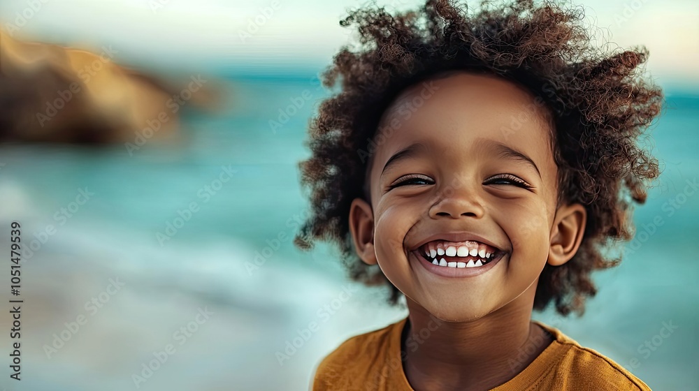 Smiling child with curly hair by the beach, joyful expression, natural background. Smiling child with curly hair by the beach, joyful expression, natural background.