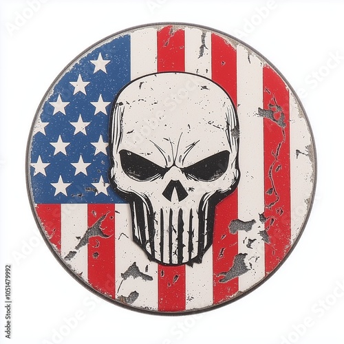 Resin fridge magnet with 3D relief effect, vector logo of the punisher skull on the background of the American flag, retro style, simple shape, white background