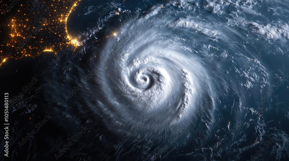 Aerial view of a powerful hurricane swirling over the ocean at night. Aerial view of a powerful hurricane swirling over the ocean at night.