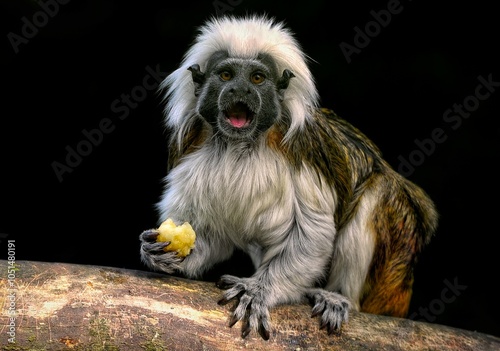 A close up of a Cotton-top tamarin