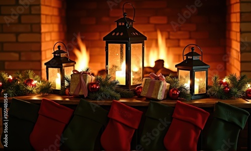 Christmas gifts tree lanterns fireplace mitten holiday