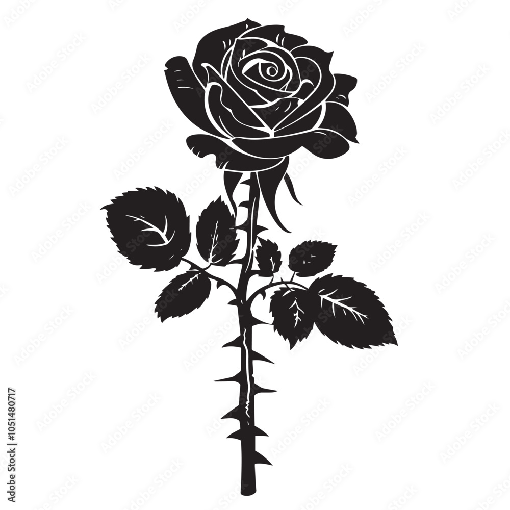 Obraz premium Black silhouette of rose flower isolated on white background