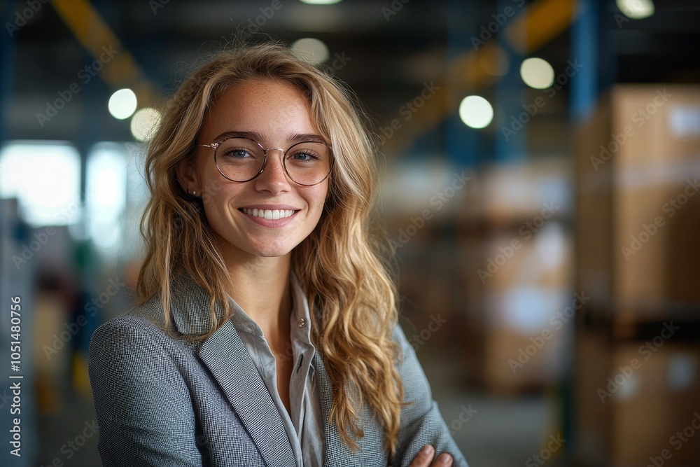 Fototapeta premium Happy young businesswoman smiling at the camera in a warehouse, Generative AI