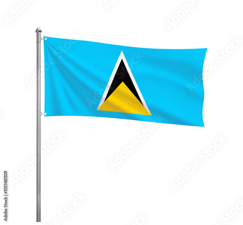 Saint Lucia National flag waving in the wind on a silver pole, isolated on transparent