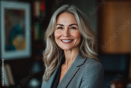 Excited to do it all over again: Mature business woman smiling in her office, wearing a classy business suit, Generative AI