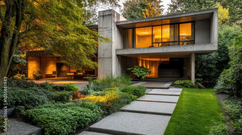 Contemporary house with concrete walls surrounded by lush greenery, showcasing modern architecture and serene environment. warm lighting adds welcoming touch Contemporary house with concrete walls surrounded by lush greenery, showcasing modern architecture and serene environment. warm lighting adds welcoming touch