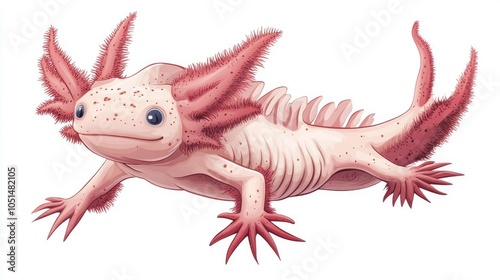 A pink axolotl with feathery gills and a long tail, isolated on a white background. photo