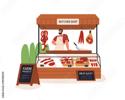Butcher shop, outdoor stall. Vendor behind market stand, counter selling fresh farm meat produce, sausages, domestic ham. Farmer kiosk with pork. Flat vector illustration isolated on white background