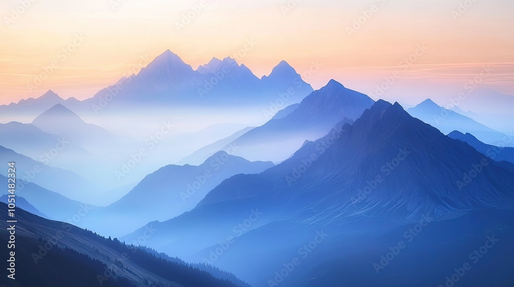 Fototapeta premium Mountain peaks at dawn bathed in the golden light of the rising sun. The sky features soft pastel hues, creating a calm and inspiring mountain scene.