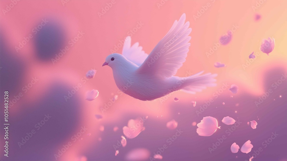 Obraz premium A tiny, graceful bird with feathers resembling soft, pastel petals that glow faintly in the sky. Its wings flutter lightly, and when it flies, a trail of glowing petals falls from its body, dissol