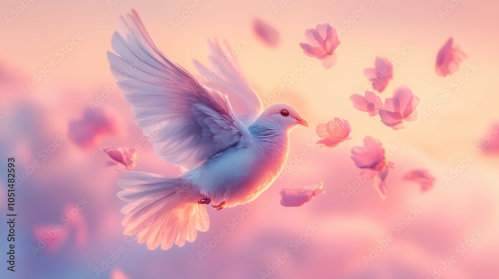 Fototapeta premium A tiny, graceful bird with feathers resembling soft, pastel petals that glow faintly in the sky. Its wings flutter lightly, and when it flies, a trail of glowing petals falls from its body, dissol