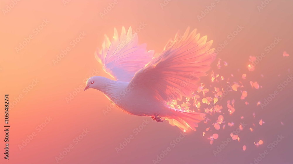 Fototapeta premium A tiny, graceful bird with feathers resembling soft, pastel petals that glow faintly in the sky. Its wings flutter lightly, and when it flies, a trail of glowing petals falls from its body, dissol