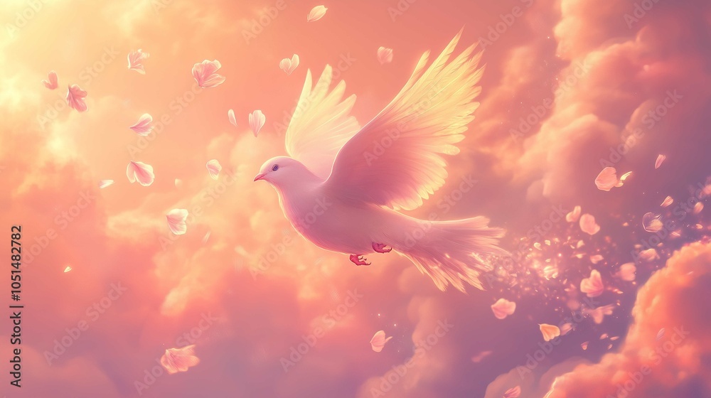 Obraz premium A tiny, graceful bird with feathers resembling soft, pastel petals that glow faintly in the sky. Its wings flutter lightly, and when it flies, a trail of glowing petals falls from its body, dissol