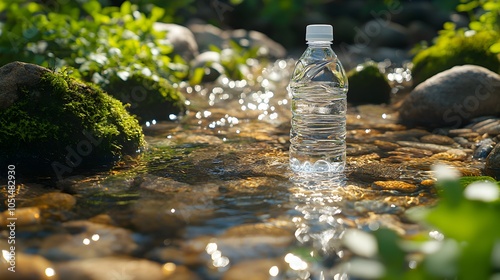 Transparent Water Bottle Floating in a Serene Natural Stream