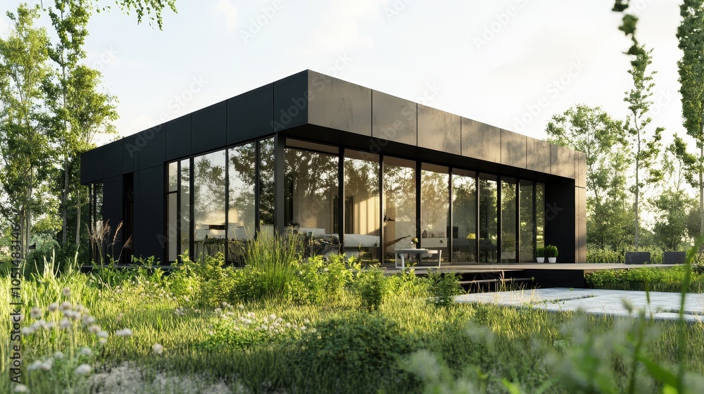 Fototapeta premium A box-shaped home with black metal siding and floor-to-ceiling windows. A rooftop garden is visible, with native plants adding a touch of greenery against the monochromatic design.