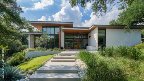 Contemporary home exterior featuring white concrete, large windows, and modern design. lush landscaping and stone pathway enhance inviting atmosphere