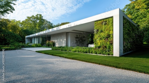 A boxy modern home features a green living wall on one side and expansive frameless windows. A short gravel driveway and minimal landscaping contribute to a clean and elegant front yard.
