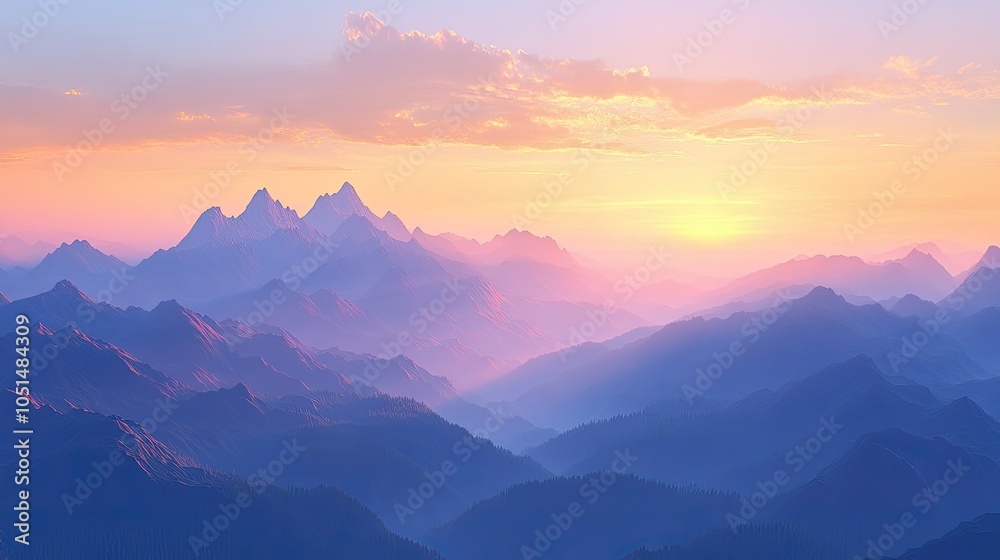 Obraz premium Sun-kissed peaks at dawn, with soft pastel skies above. The warm glow of the rising sun highlights the beauty of the serene mountain landscape.