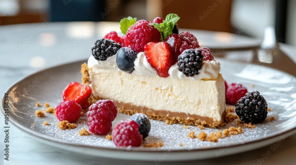 A Keto sliced cheesecake topped with fresh berries, sugar-free whipped cream and ground almond flour, served elegantly in a chic coffee shop. A Keto sliced cheesecake topped with fresh berries, sugar-free whipped cream and ground almond flour, served elegantly in a chic coffee shop.