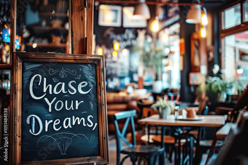 Cozy cafe atmosphere with chase your dreams sign