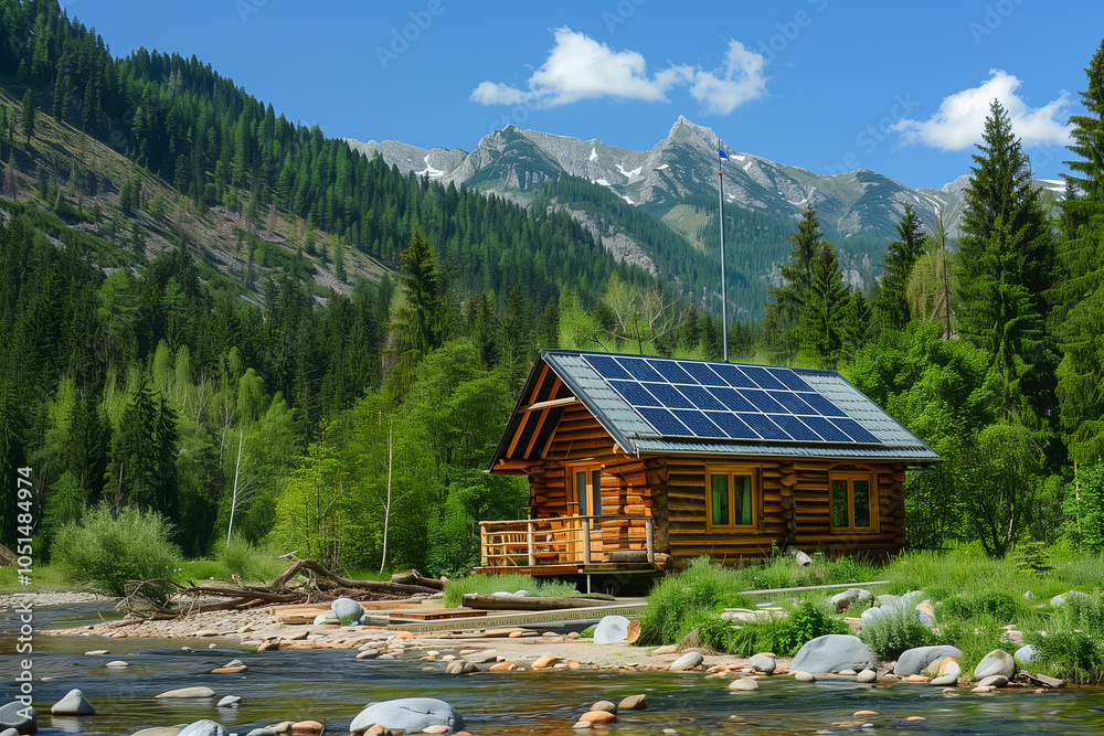 Fototapeta premium A modern house with solar panels on the roof, showcasing sustainable energy technology.