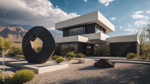 Wallpaper Mural A cube-like house with sharp lines, large square windows, and a black-and-white color scheme. The front yard has a modern, abstract sculpture and gravel landscaping for a unique visual appeal. Torontodigital.ca