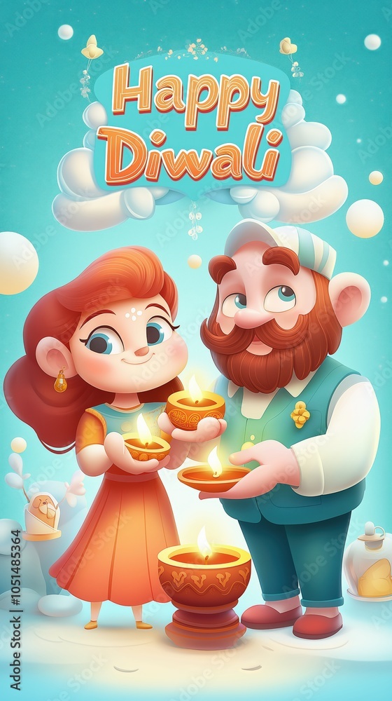 Fototapeta premium Cheerful cartoon characters celebrating diwali with diyas and festive joy