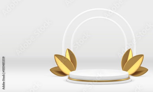 3d white cylinder podium pedestal with golden leaves for show realistic vector illustration. Elegant luxury light display with arch wall background commercial showcase for product presentation