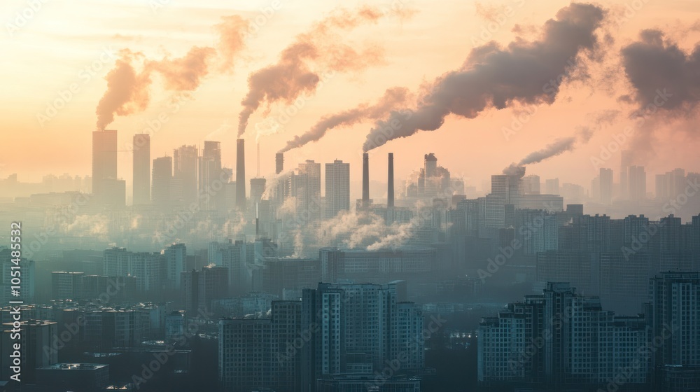Fototapeta premium A cityscape with visible smog caused by greenhouse gas pollution, where car exhaust and factory emissions contribute to poor air quality and climate change