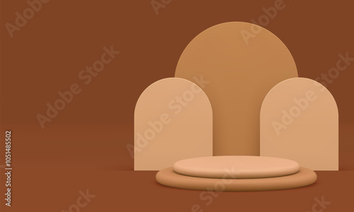 3d beige cylinder podium pedestal mockup for product show realistic vector illustration. Neutral brown minimalist showcase with semi circle wall background for presentation commercial advertising