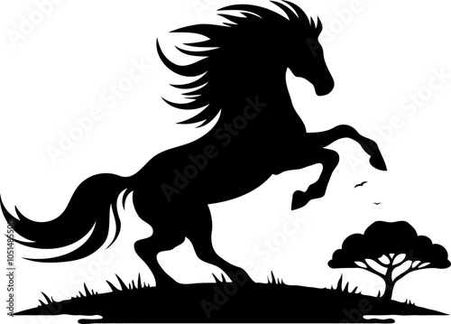 Minimalist illustration of a prancing wild horse, silhouette style