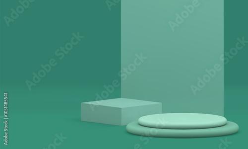 Green 3d cylinder squared podium showroom space for presentation realistic vector illustration. Trendy minimalist pedestal with wall background mockup for product commercial advertising show