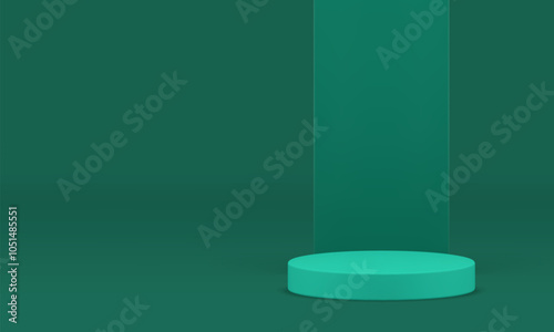3d green podium pedestal mockup for product show presentation realistic vector illustration. Trendy cylinder display showroom space with wall background minimalist showcase for advertising