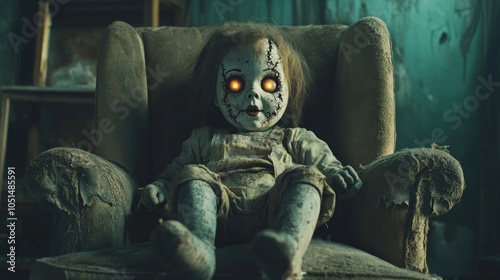 A creepy porcelain doll with glowing eyes sits in a tattered armchair in a spooky room. photo