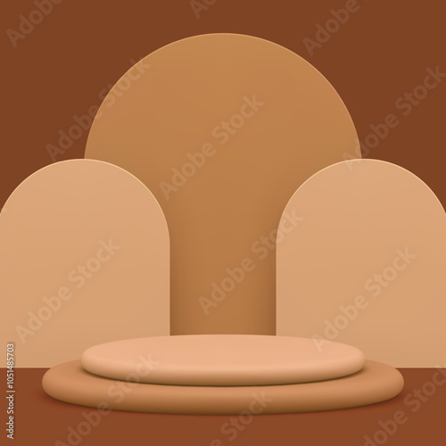 3d beige podium pedestal mockup for cosmetic product show presentation realistic vector illustration. Nude pastel cylinder stage with semi circle wall background for shopping sale advertising