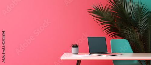 Stylish workspace featuring a laptop on a modern desk, surrounded by a vibrant pink wall and green plant, creating an inviting atmosphere.