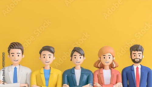 Group of diverse business people on a yellow background template, Trendy 3d illustration