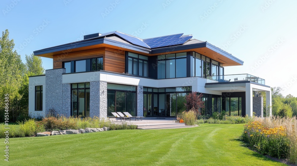 A high-tech smart house with solar panels, energy-efficient windows, and a clean, streamlined design. The exterior has a mix of metal and stone, with a neatly landscaped lawn and automated lighting. A high-tech smart house with solar panels, energy-efficient windows, and a clean, streamlined design. The exterior has a mix of metal and stone, with a neatly landscaped lawn and automated lighting.