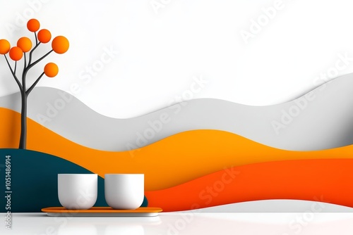 White background with a tree and two cups on a tray. The background is orange and white, and the tree is orange. The scene is peaceful and calming, with the tree