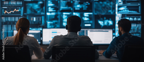 Three professionals analyzing data on multiple screens in a modern office setting. Focus on teamwork and technology in a corporate environment.
