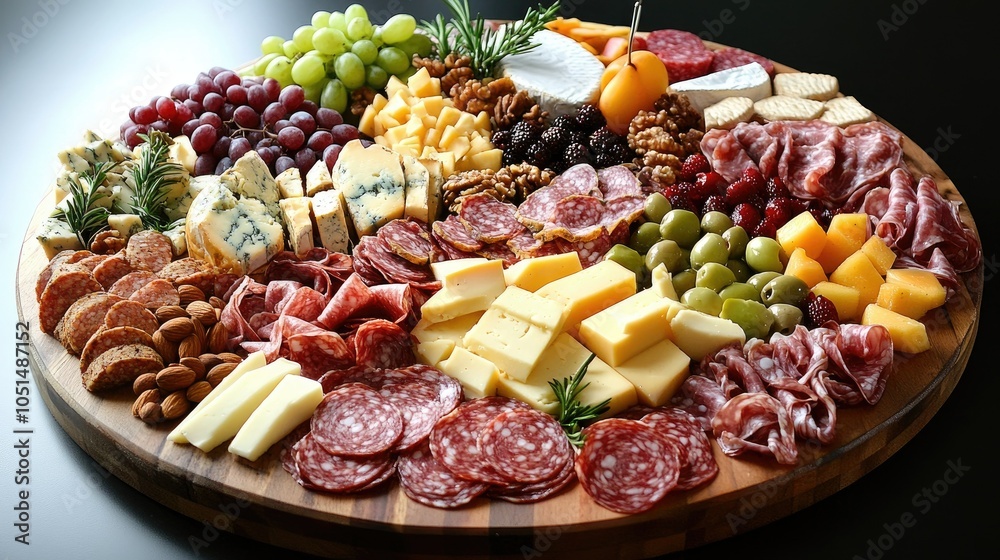 A round charcuterie board overflowing with fancy gourmet food, including cheeses, meats, fruits, and nuts, arranged artistically. A round charcuterie board overflowing with fancy gourmet food, including cheeses, meats, fruits, and nuts, arranged artistically.