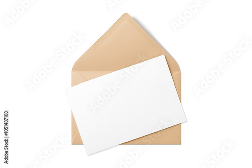 Opened brown envelope mockup with blank paper isolated on a transparent background, PNG. High resolution. 