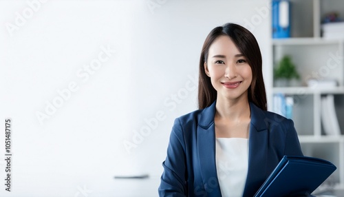 Confident businesswoman in a suit, smiling and looking directly at the camera