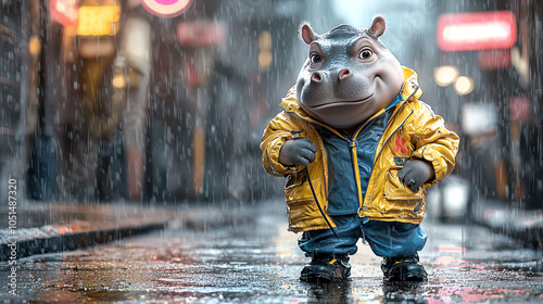 A baby hippo detective in the rain smirking in style with a yellow raincoat and urban charm