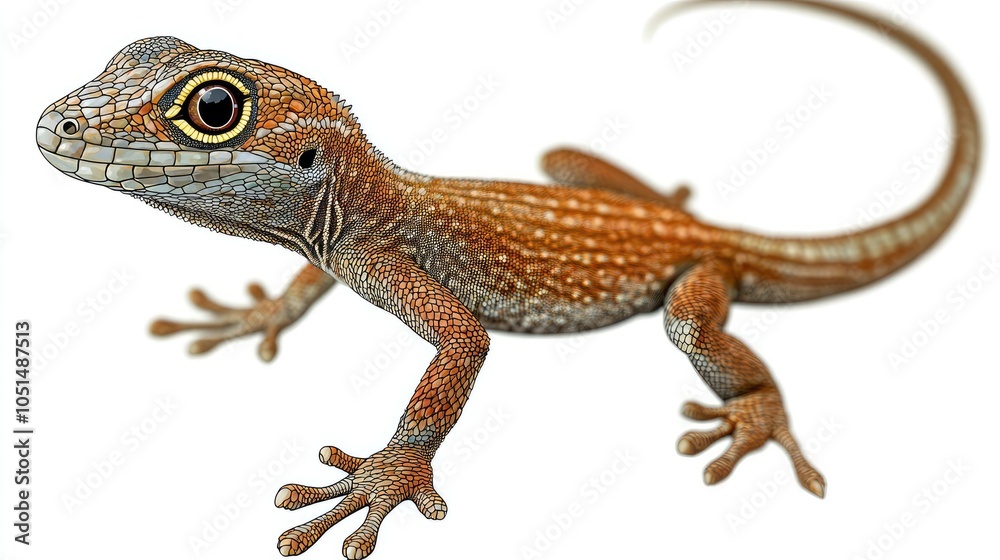 Naklejka premium A small brown lizard with a long tail and large eyes on a white background.