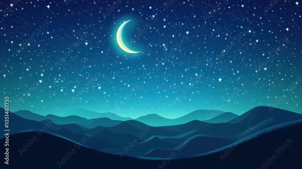 Obraz premium Minimalistic 2D night sky background with stars, a crescent moon, and rolling hills in silhouette