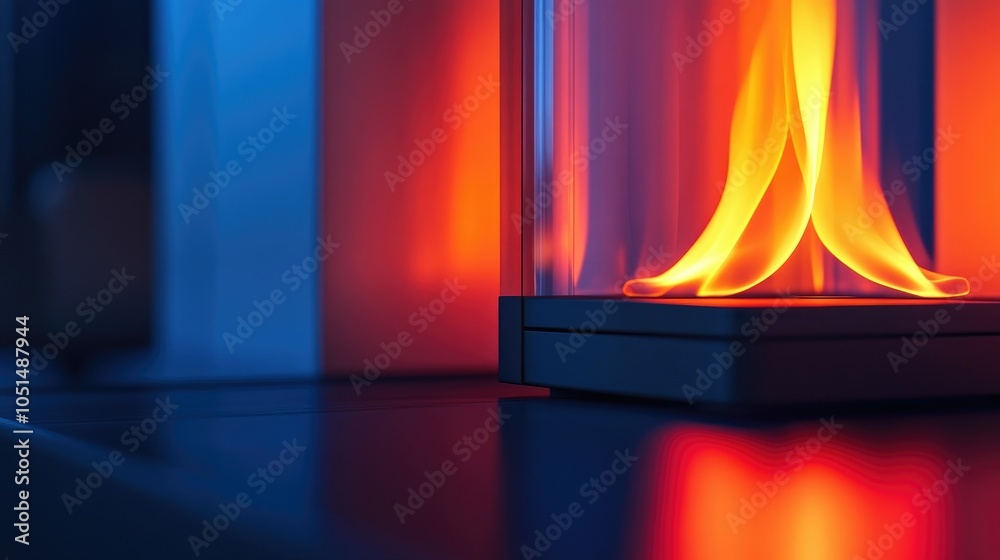 Naklejka premium A sleek modern stove with vibrant orange flames flickering inside, designed with contemporary elements and bold lines