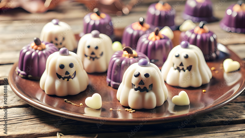 Fototapeta premium Halloween Candy Cups with Pumpkin and Ghost Toppers. Perfect for: Halloween, Kids' Events, Party