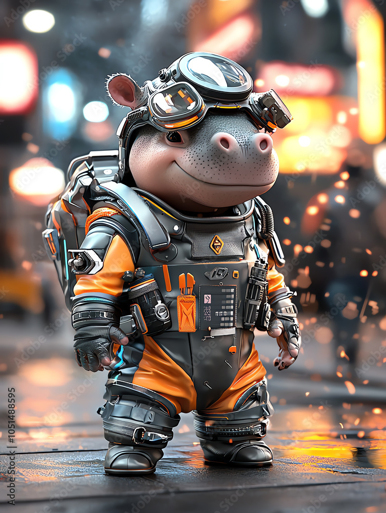 Adventurous baby hippo in a futuristic metallic suit a playful take on modernity and whimsy in a technologically enhanced world Adventurous baby hippo in a futuristic metallic suit a playful take on modernity and whimsy in a technologically enhanced world
